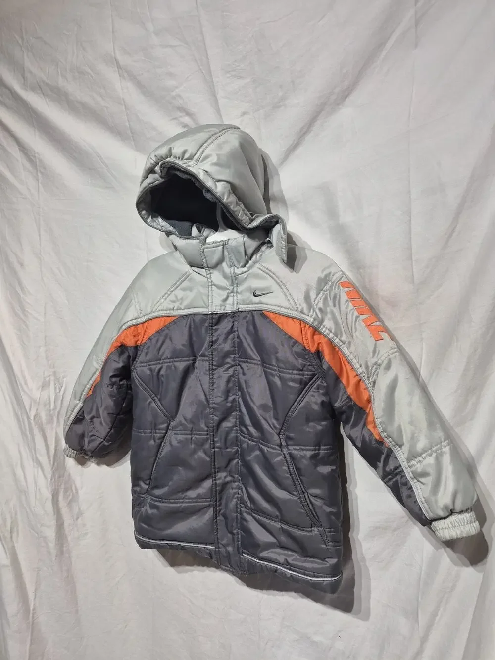 Youth Nike Hooded Puffer Jacket Size 6 Grey And Orange Swoosh Logo Reversable